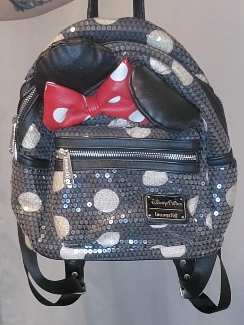 Loungefly Minnie Mouse Sequin Polka Dot Mini Backpack - Black, Red, White